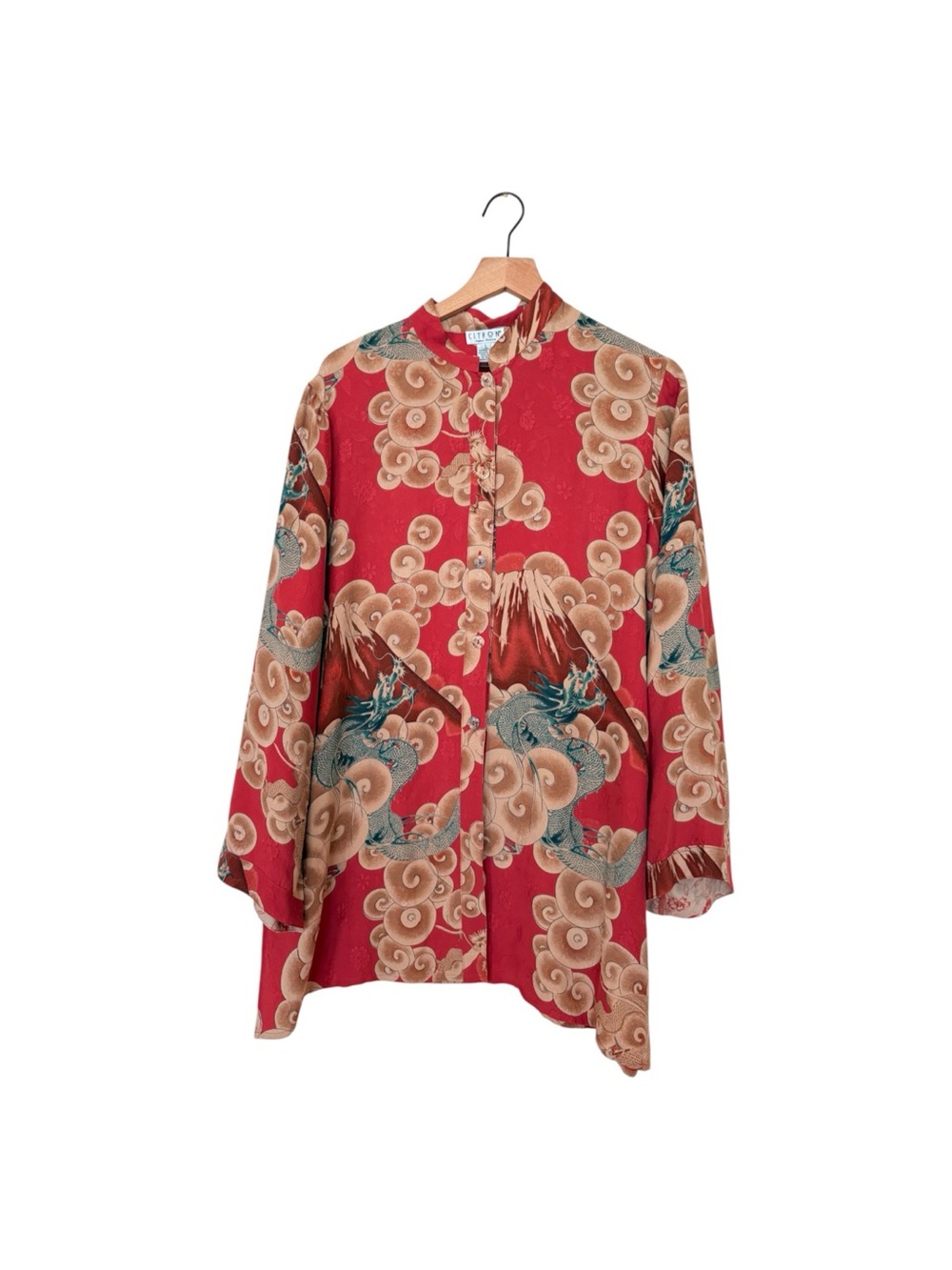 Citron Santa Monica Bright Red Beige Dragon Print Button Kimono Style Tunic L